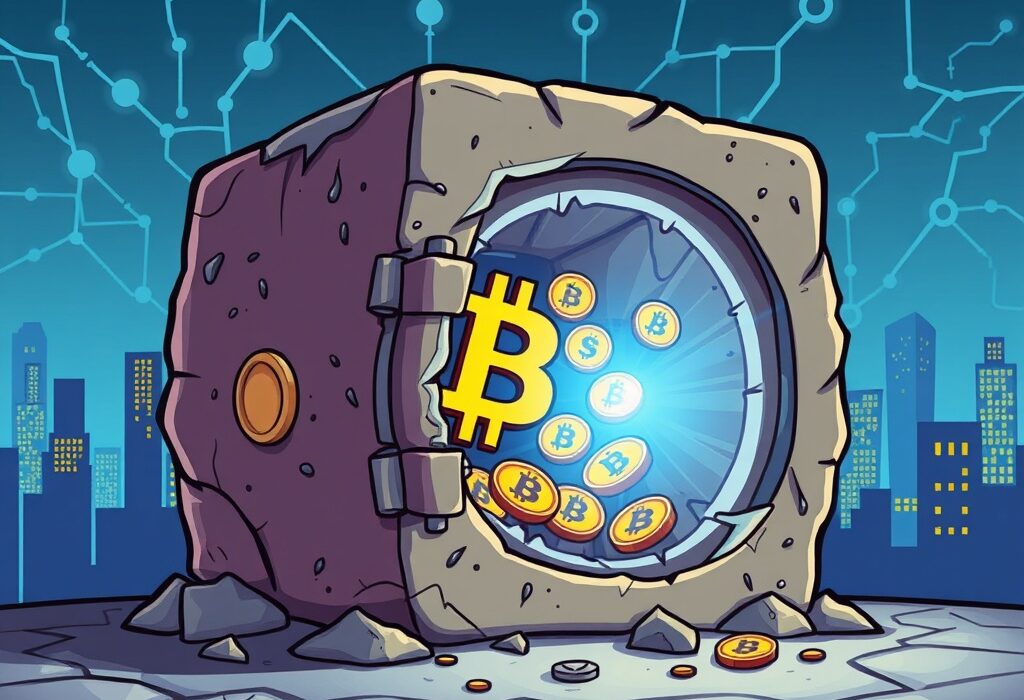 An illustration of a long-dormant Bitcoin wallet, depicted as a digital vault, opening to reveal a bright light and Bitcoin symbols, symbolizing the activation of a significant amount of Bitcoin.