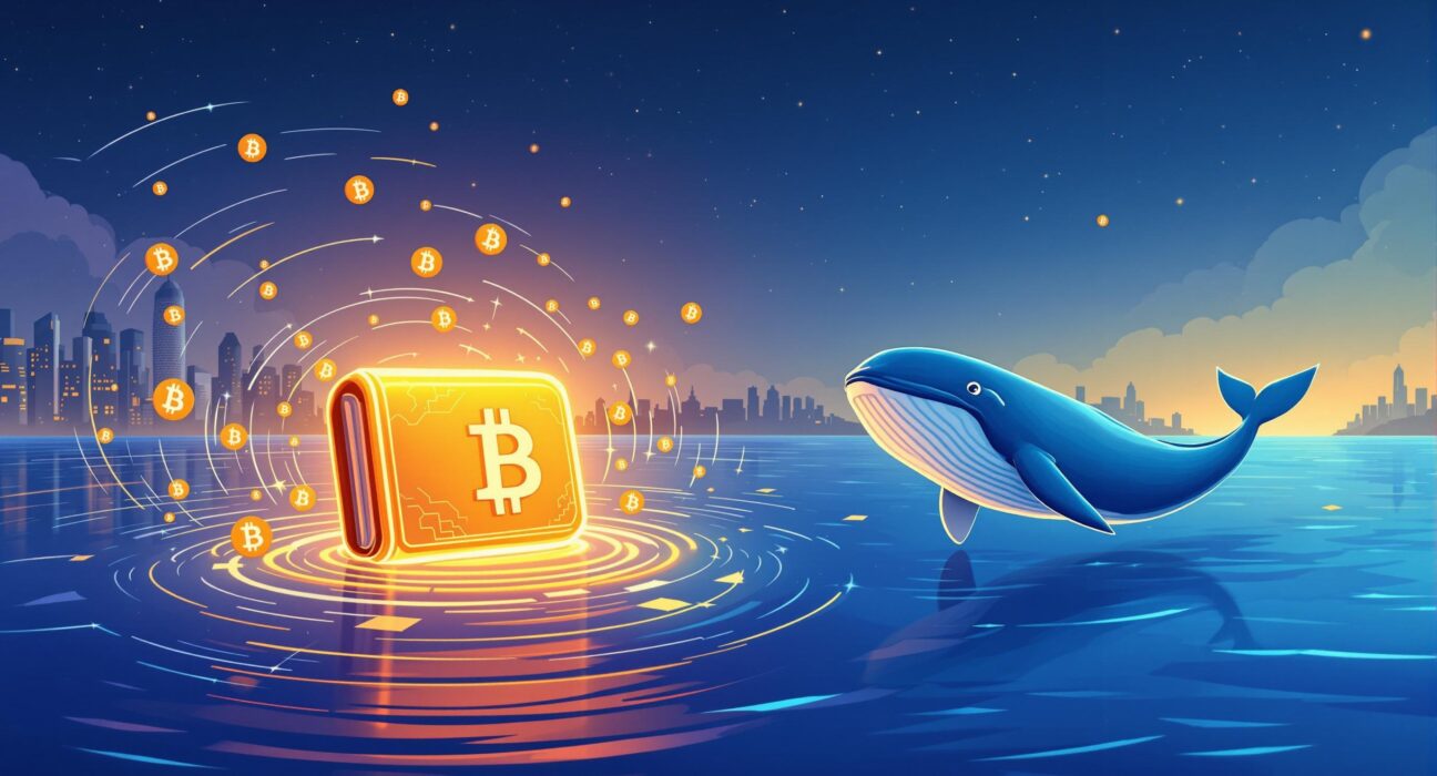 A mysterious dormant Bitcoin wallet awakening, represented by a glowing digital wallet and Bitcoin symbols, illustrating the recent activity of a long-inactive crypto address.