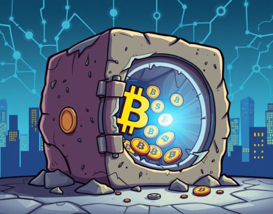 A mysterious dormant Bitcoin wallet awakening, represented by a glowing digital wallet and Bitcoin symbols, illustrating the recent activity of a long-inactive crypto address.