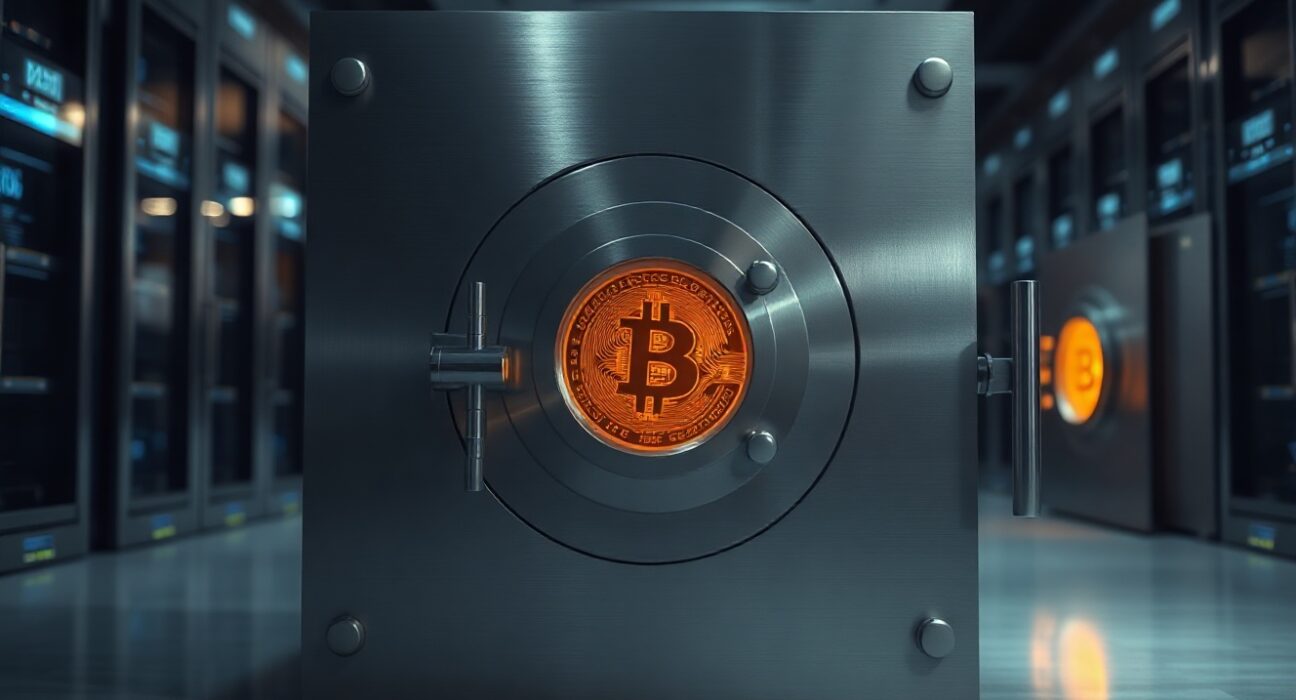 A secure digital vault door with a subtle Bitcoin glow, representing institutional cryptocurrency custody.