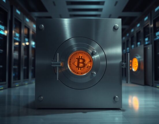 A secure digital vault door with a subtle Bitcoin glow, representing institutional cryptocurrency custody.