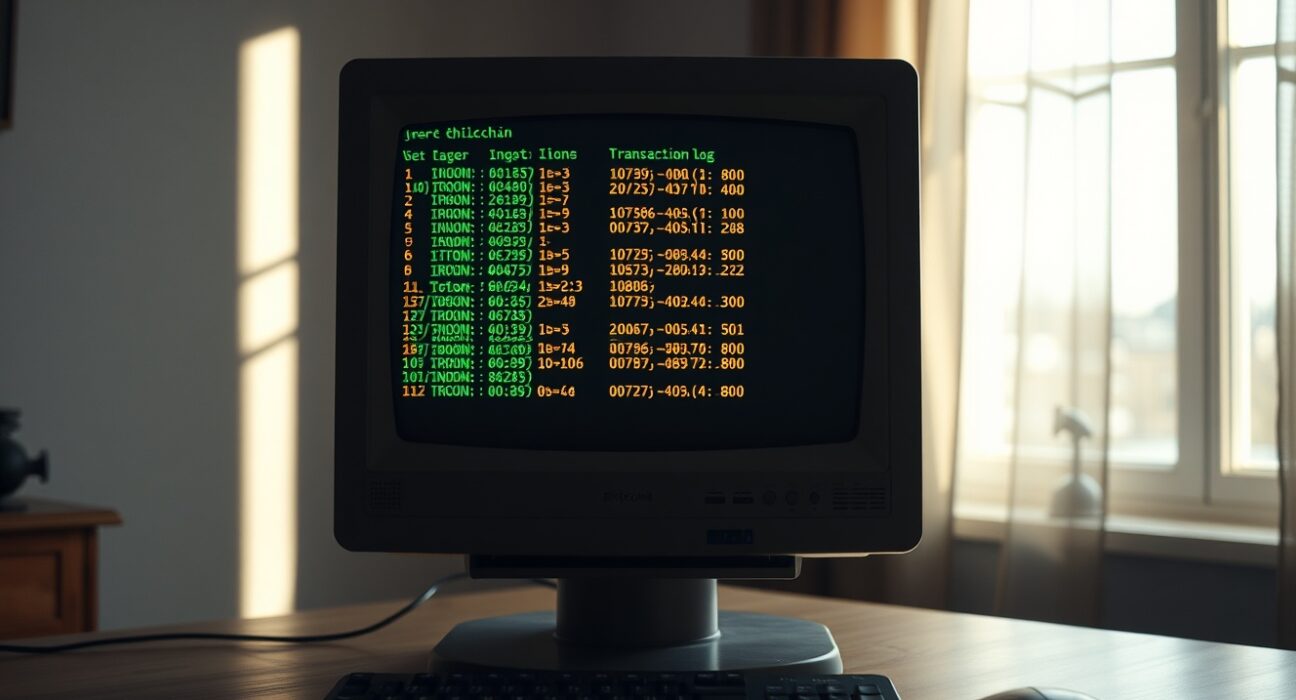 Vintage computer monitor displaying Bitcoin blockchain transaction log in dimly lit room