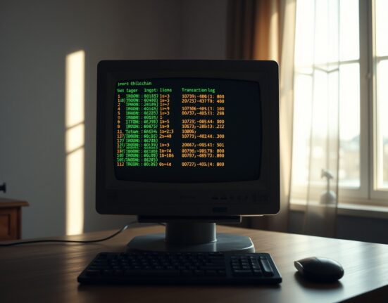 Vintage computer monitor displaying Bitcoin blockchain transaction log in dimly lit room