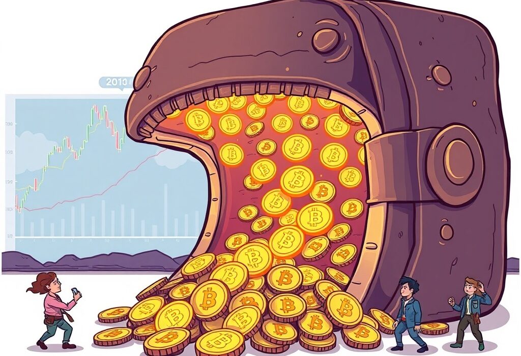 A cartoon illustration showing the significant movement of dormant Bitcoin wallets, impacting the market.