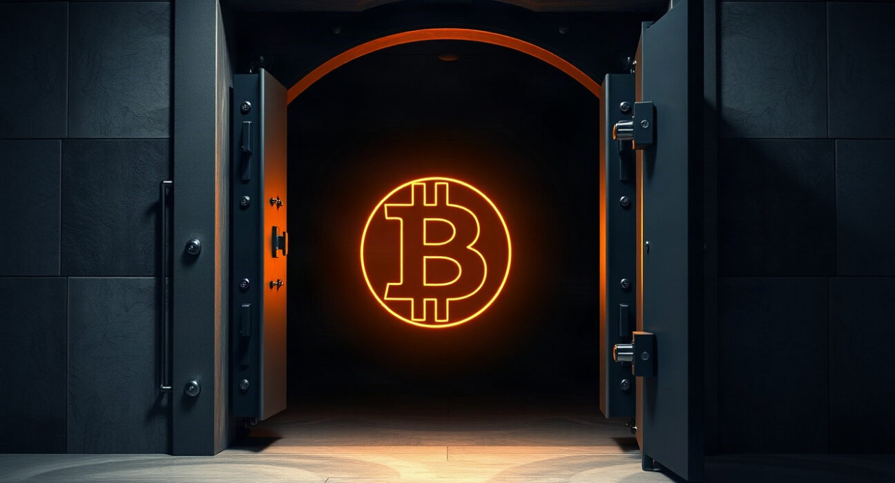 A glowing Bitcoin symbol inside a dark vault, representing dormant wallets moving large amounts of BTC.