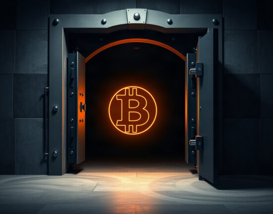 A glowing Bitcoin symbol inside a dark vault, representing dormant wallets moving large amounts of BTC.