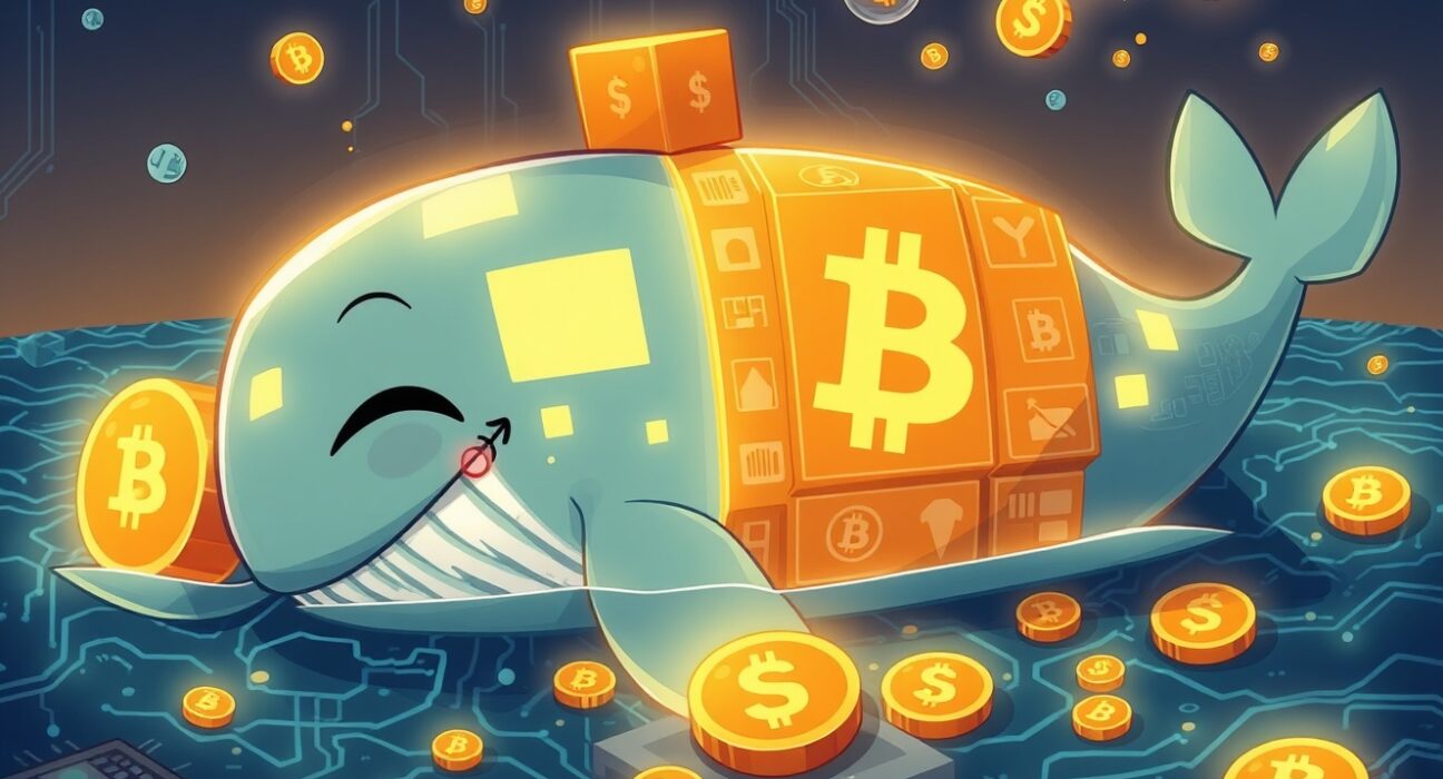 A dormant Bitcoin whale awakens and moves a fortune in a vibrant cartoon blockchain ocean.