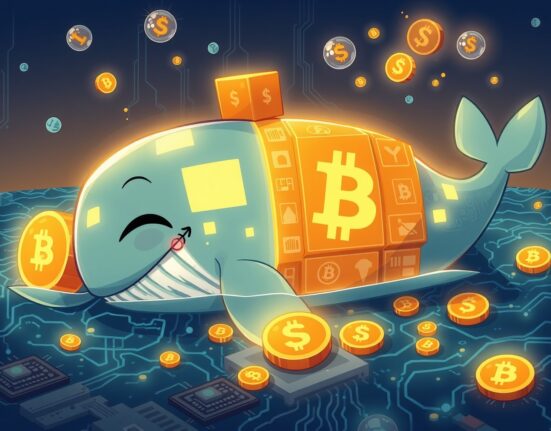 A dormant Bitcoin whale awakens and moves a fortune in a vibrant cartoon blockchain ocean.