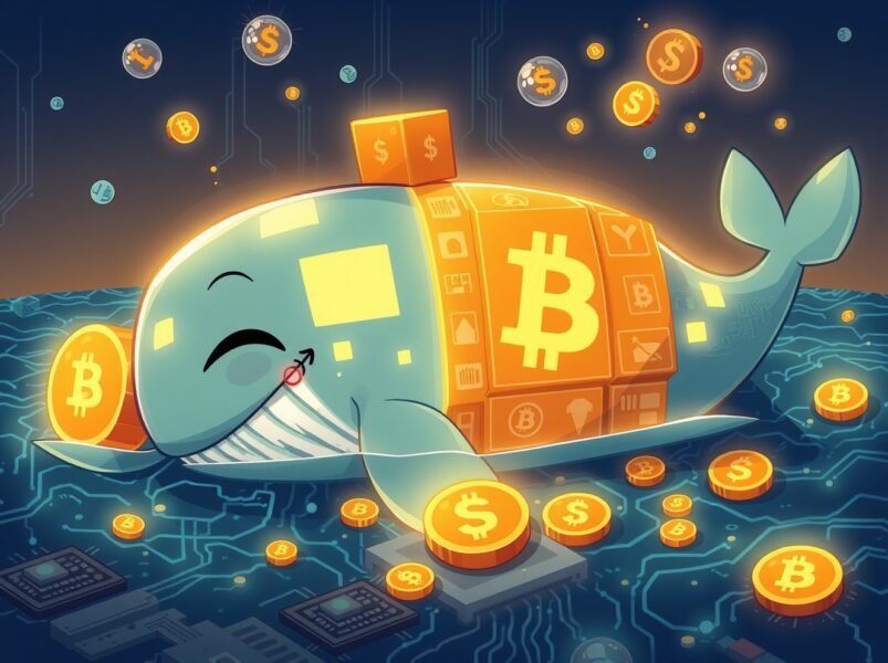 A dormant Bitcoin whale awakens and moves a fortune in a vibrant cartoon blockchain ocean.