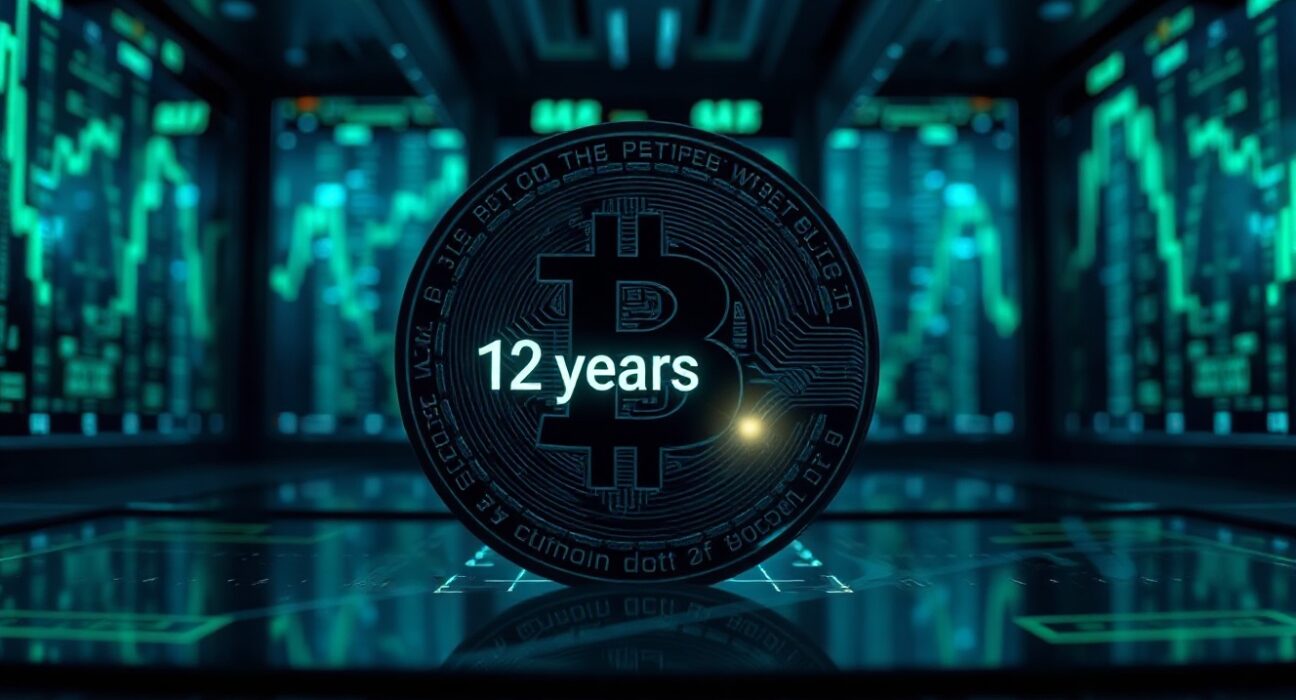 Bitcoin coin on digital display representing dormant whale transaction
