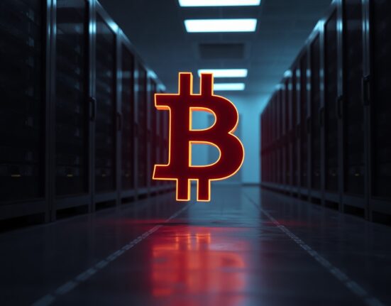 A glowing Bitcoin coin on a dark data center floor representing a large cryptocurrency transaction.