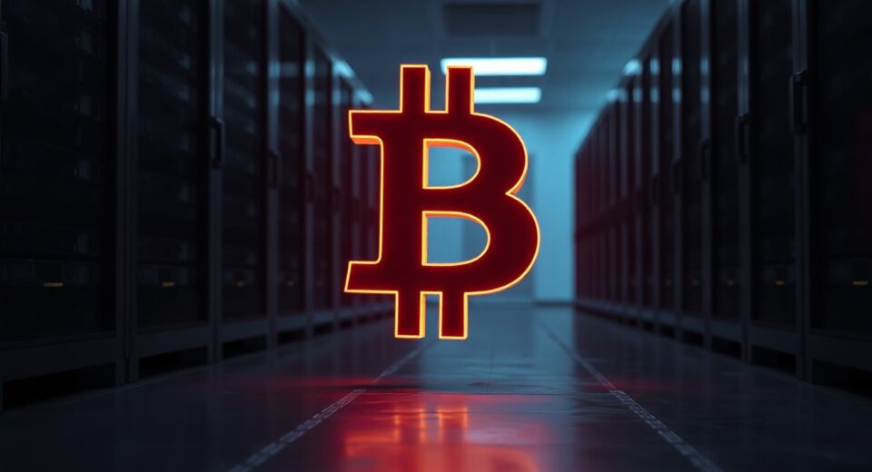 A glowing Bitcoin coin on a dark data center floor representing a large cryptocurrency transaction.