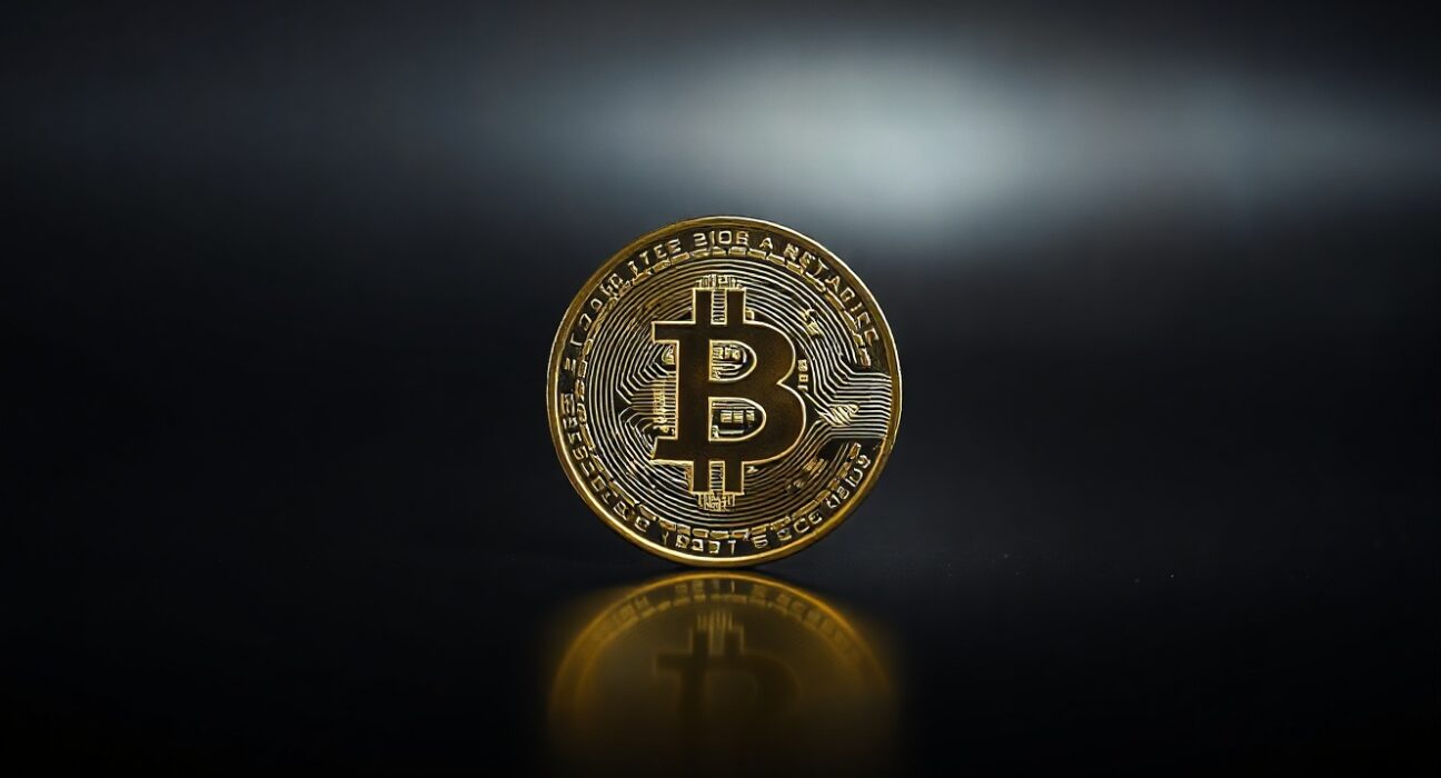 A Bitcoin coin on a dark surface, representing a dormant whale wallet moving funds after 12 years.