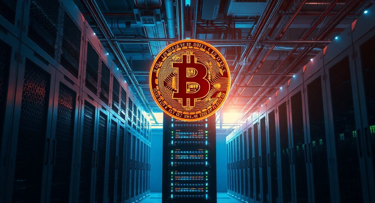 A large cryptocurrency mining facility with servers and a holographic Bitcoin symbol, representing a whale moving funds.