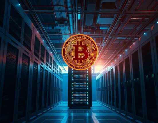 A large cryptocurrency mining facility with servers and a holographic Bitcoin symbol, representing a whale moving funds.