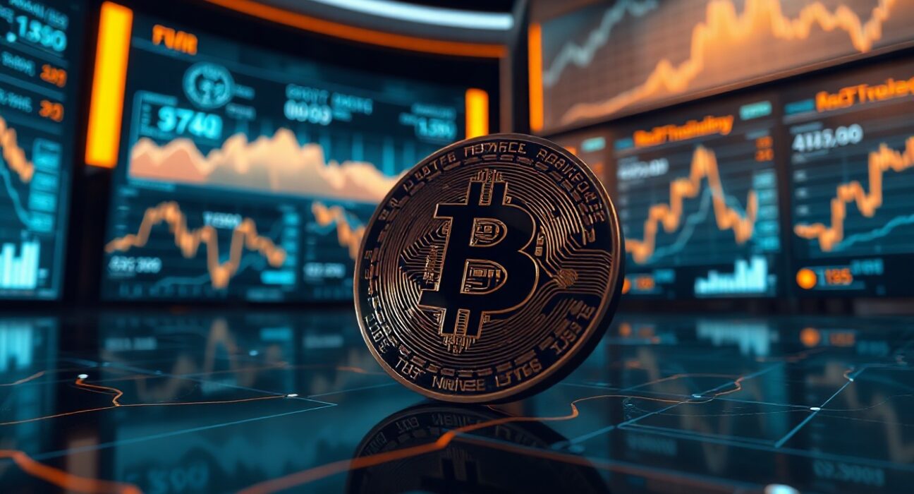 A digital Bitcoin coin on a dark data interface, representing a large cryptocurrency transaction.
