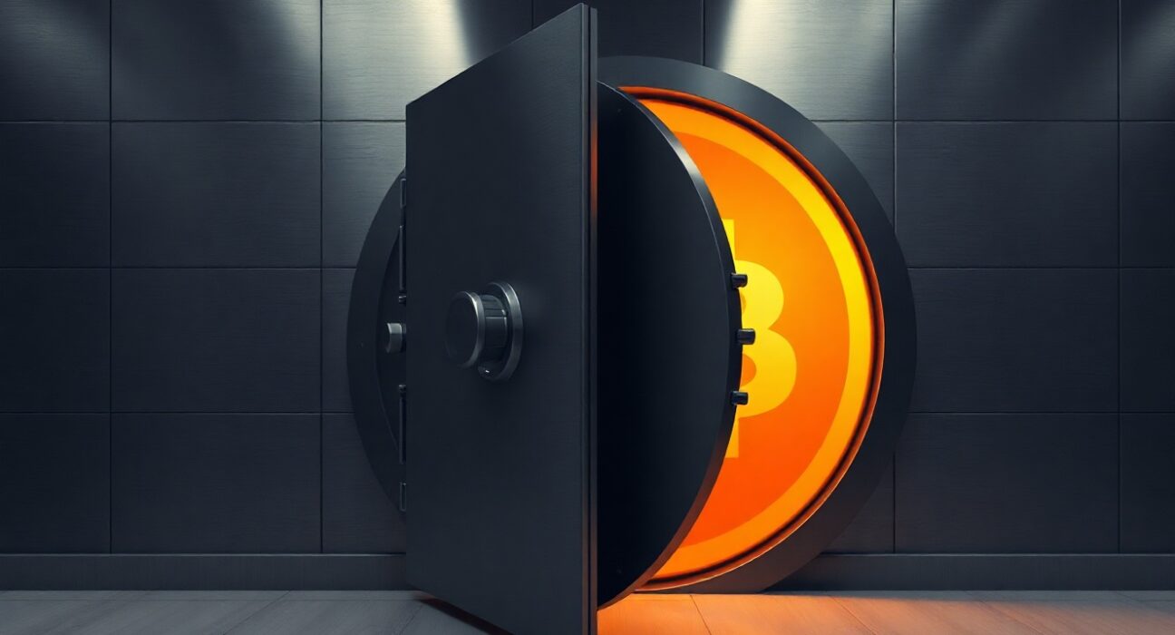 A secure vault door slightly open with orange light, representing a dormant Bitcoin whale wallet activation.