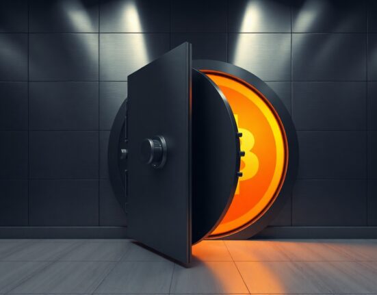A secure vault door slightly open with orange light, representing a dormant Bitcoin whale wallet activation.
