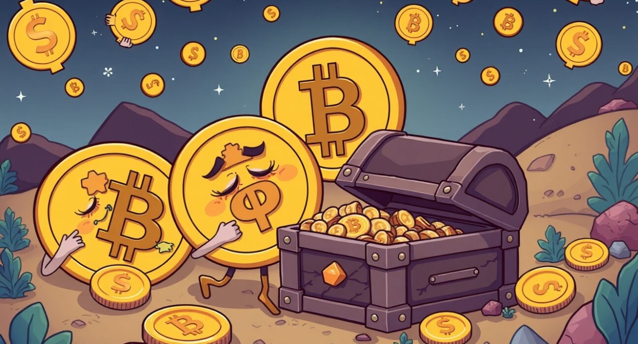 Dormant BTC awakening and moving in vibrant cartoon illustration showing cryptocurrency market activity