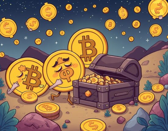Dormant BTC awakening and moving in vibrant cartoon illustration showing cryptocurrency market activity