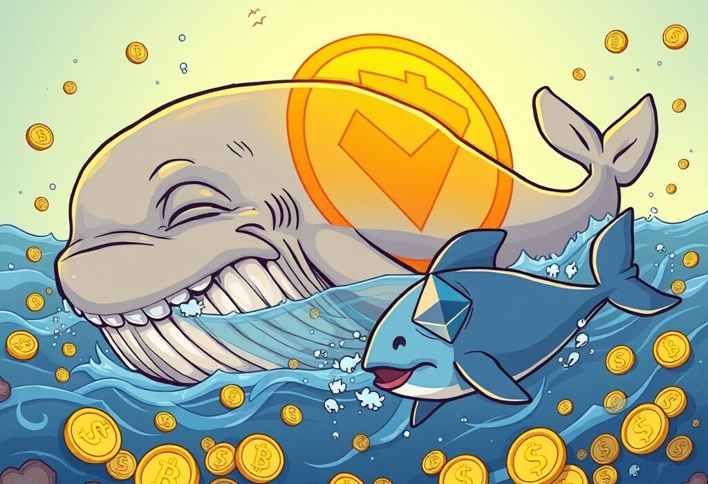 A cartoon illustration showing a dormant BTC whale successfully pivoting to Ethereum, symbolizing massive crypto profits.