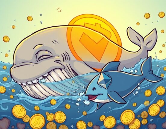 A cartoon illustration showing a dormant BTC whale successfully pivoting to Ethereum, symbolizing massive crypto profits.