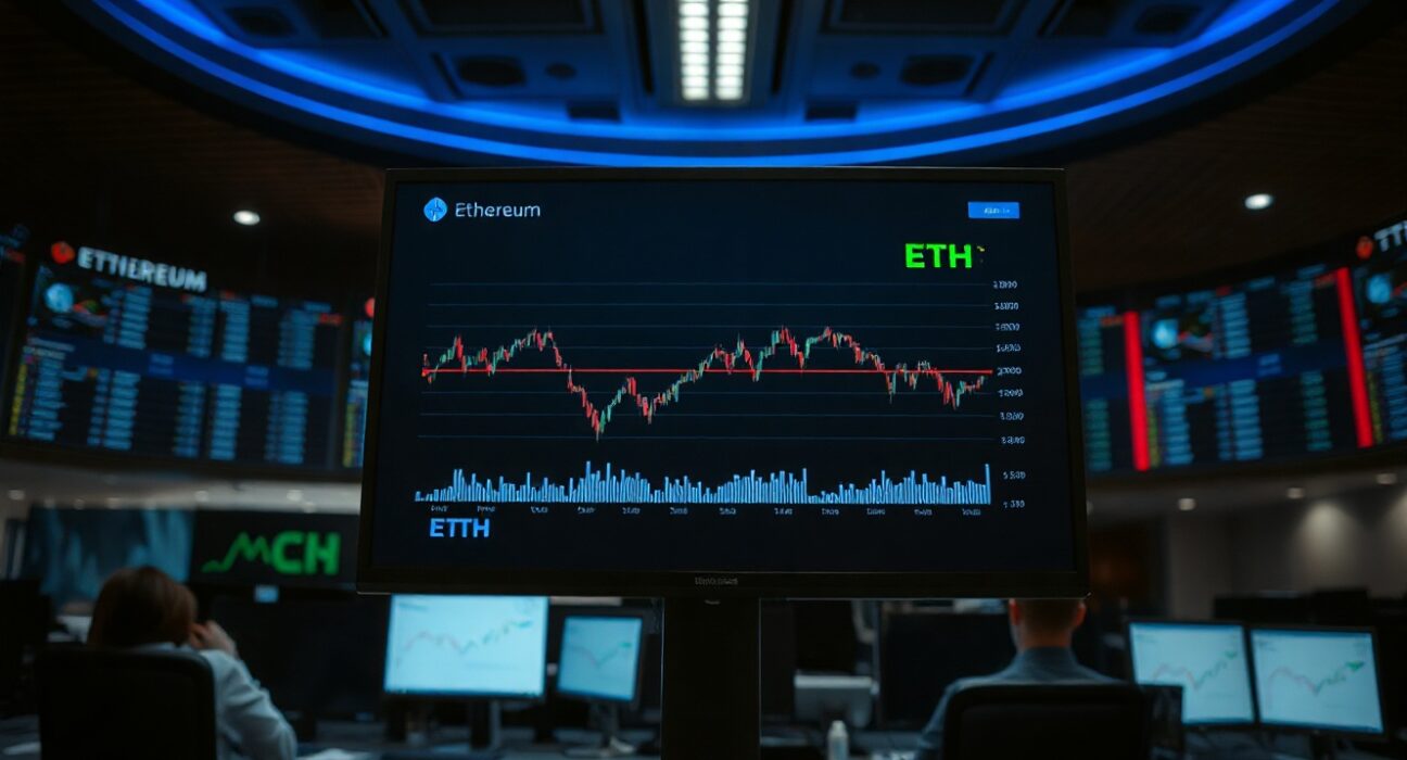 Ethereum price chart on a trading screen in a professional trading environment