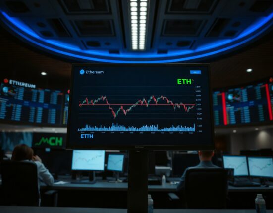 Ethereum price chart on a trading screen in a professional trading environment