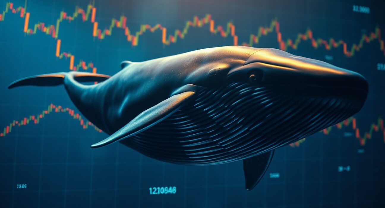 Digital whale swimming through Ethereum blockchain data streams, representing a large crypto transaction.