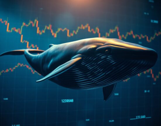 Digital whale swimming through Ethereum blockchain data streams, representing a large crypto transaction.