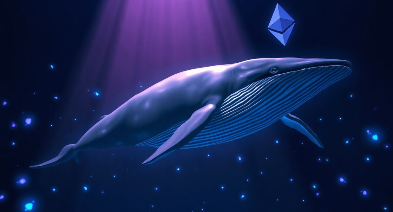 Digital whale swimming through blockchain network, representing a dormant Ethereum ICO whale moving funds.
