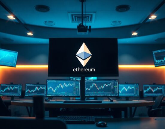 Ethereum price charts on a trading monitor in a dimly lit professional trading room