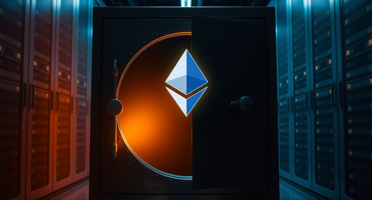 A glowing digital vault door in a dimly lit data center, symbolizing a dormant crypto wallet reactivation.