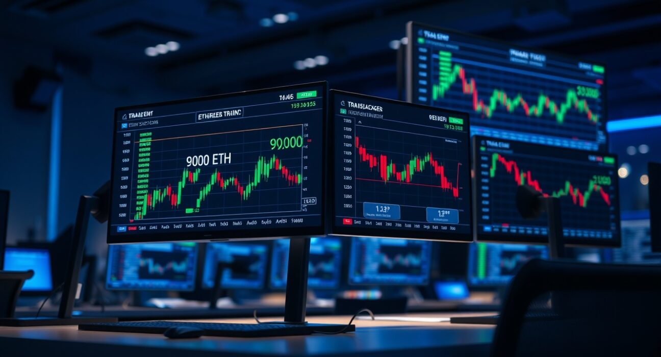 Ethereum whale transaction displayed on trading monitors in a dimly lit financial trading desk