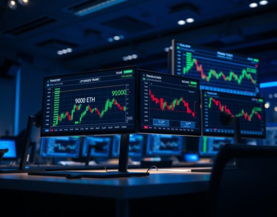 Ethereum whale transaction displayed on trading monitors in a dimly lit financial trading desk