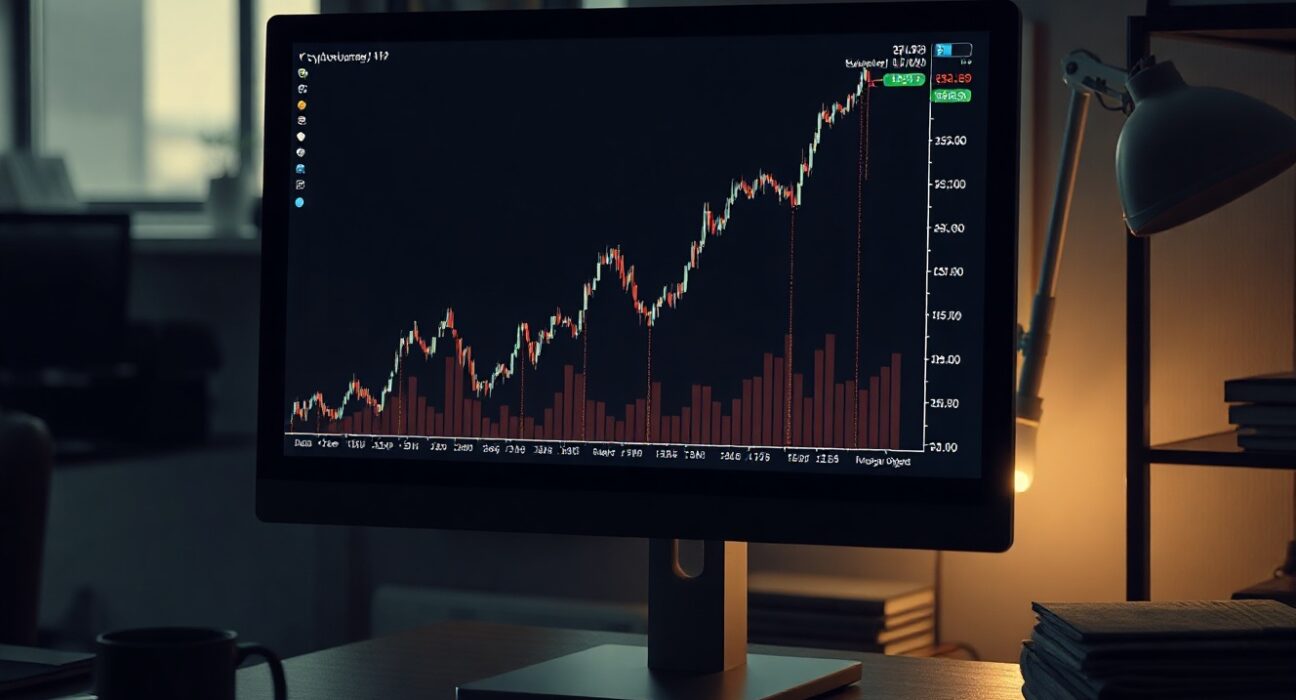 Cryptocurrency trading chart on a monitor in a dark office, symbolizing Solana whale activity