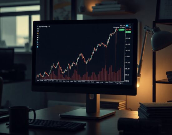 Cryptocurrency trading chart on a monitor in a dark office, symbolizing Solana whale activity