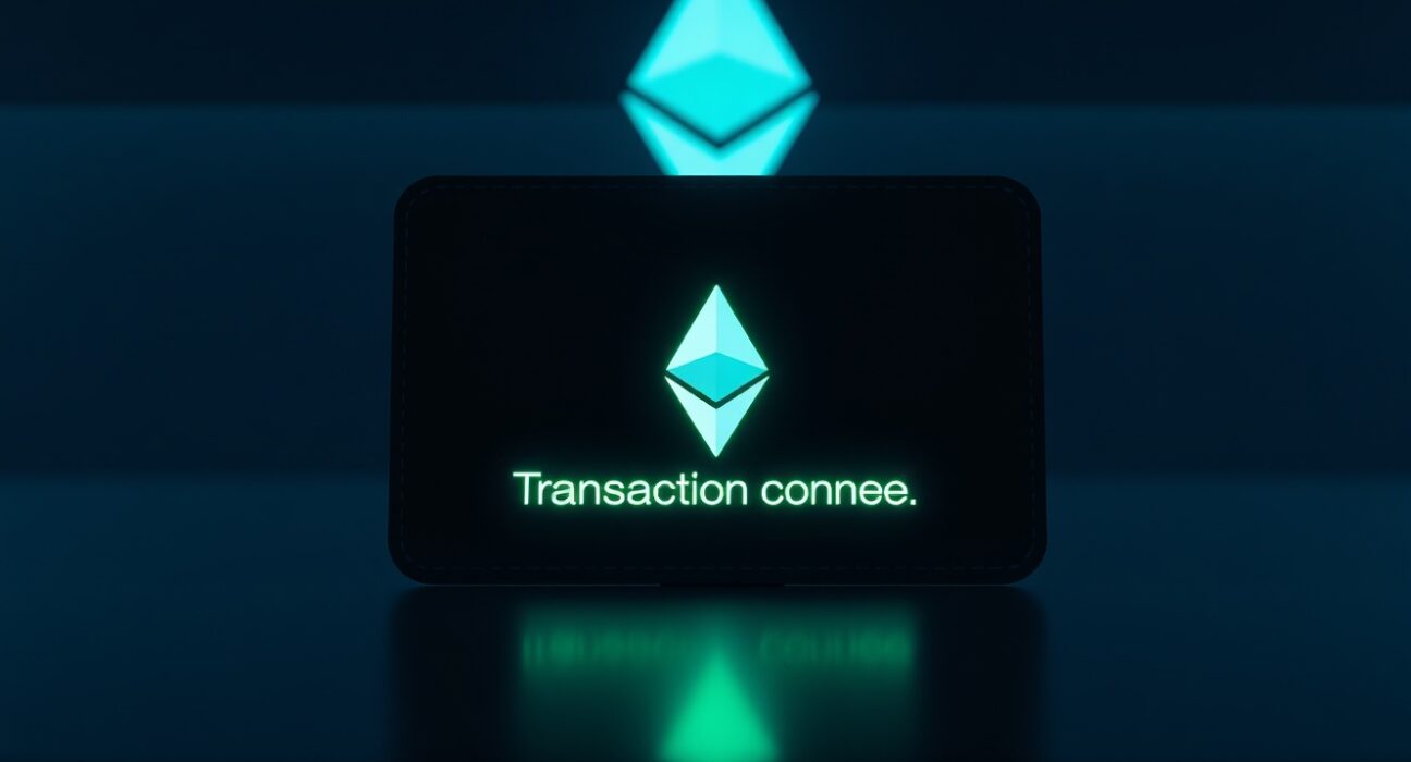 Digital wallet interface showing a completed transaction with Ethereum symbol in background