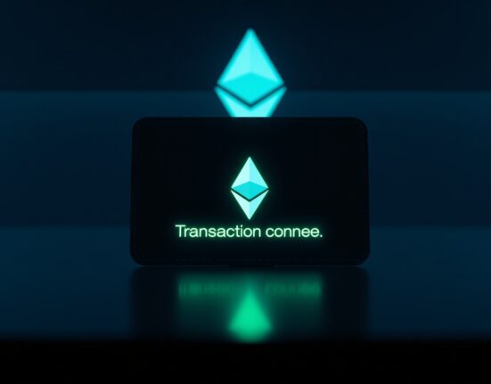 Digital wallet interface showing a completed transaction with Ethereum symbol in background