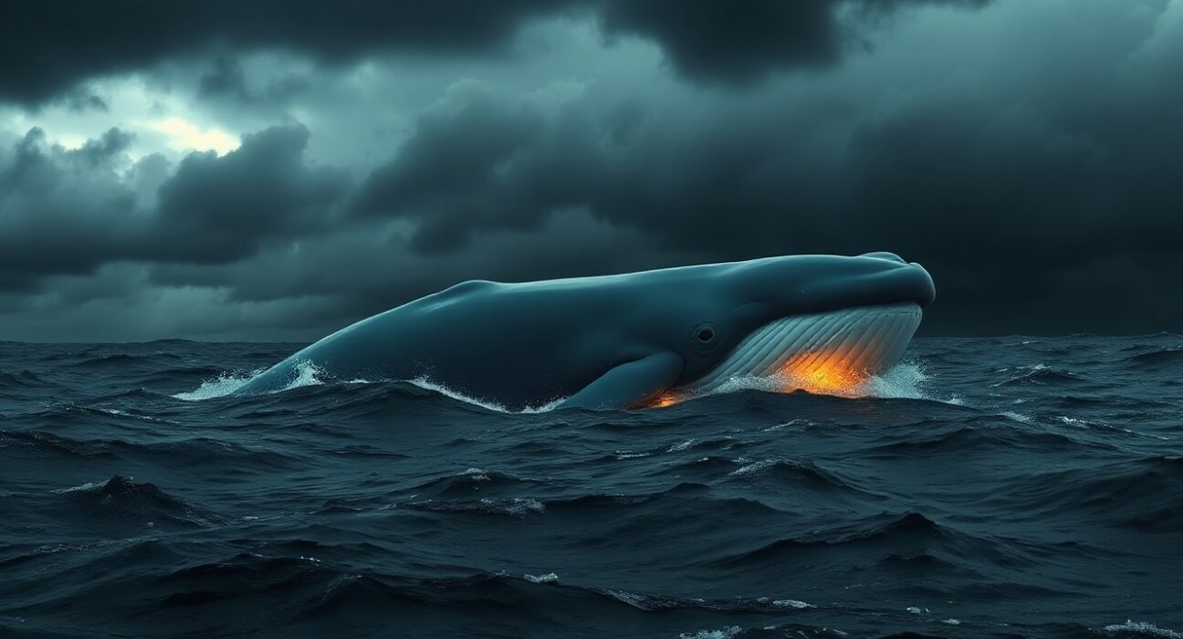 A large whale in a dark, stormy ocean, symbolizing a major crypto liquidation event.