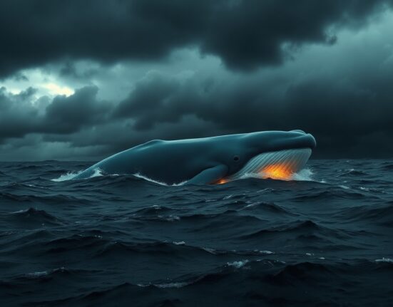 A large whale in a dark, stormy ocean, symbolizing a major crypto liquidation event.