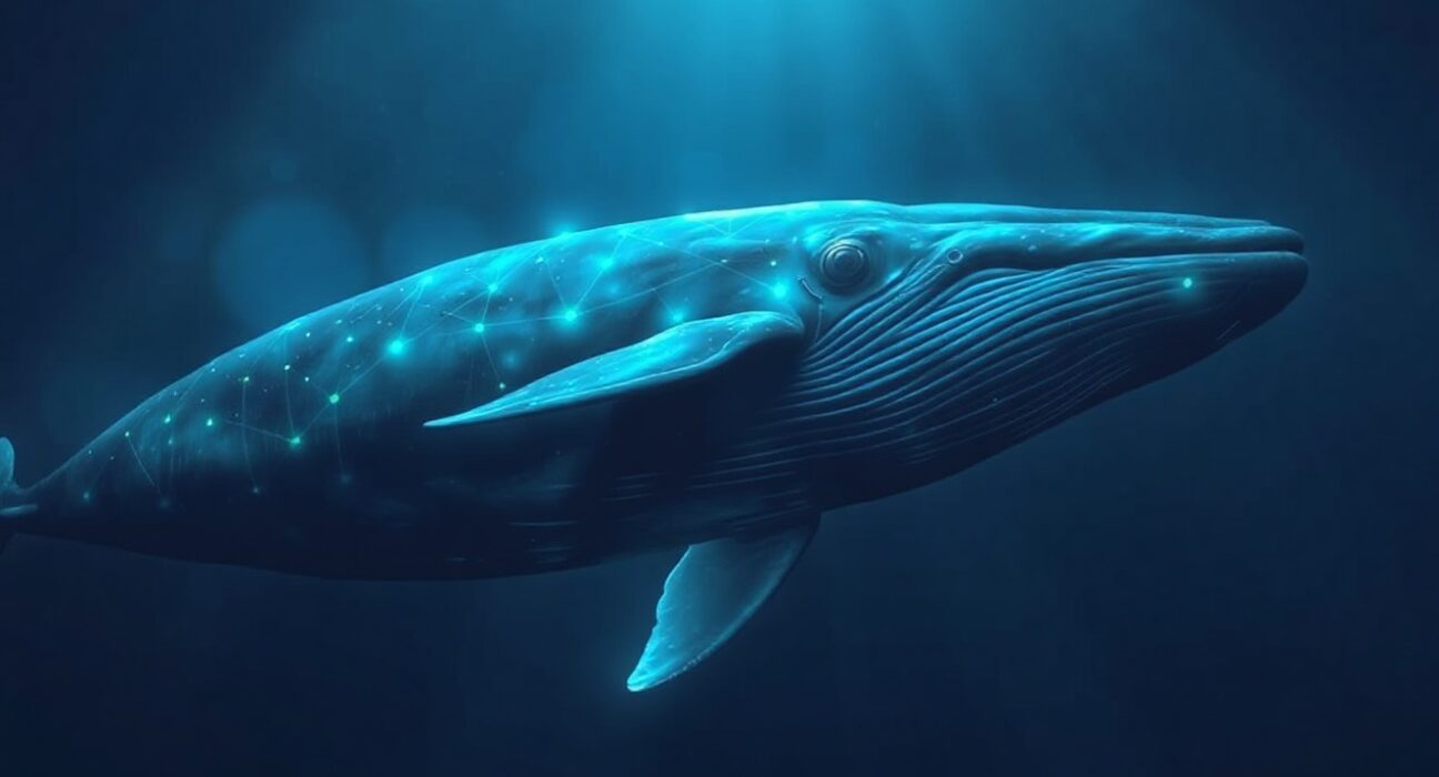 A large whale swimming in dark ocean with digital blockchain patterns on its skin
