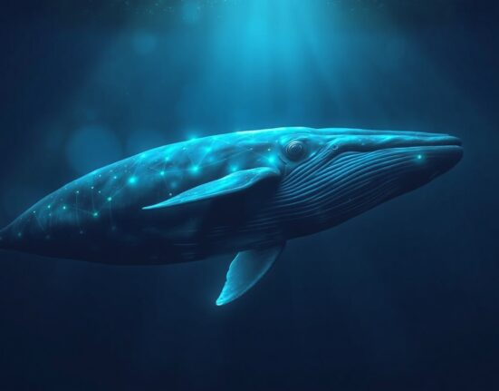A large whale swimming in dark ocean with digital blockchain patterns on its skin