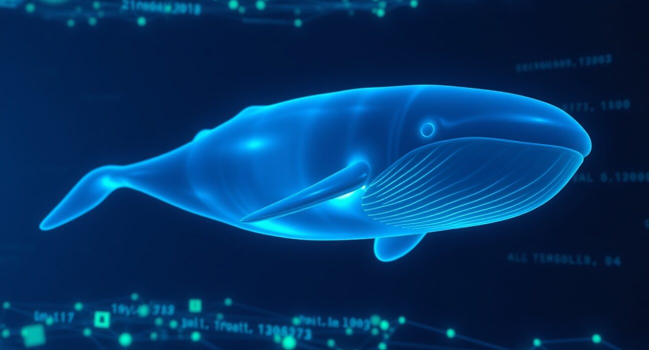 A digital whale swimming through a blockchain network, representing a large cryptocurrency transaction.