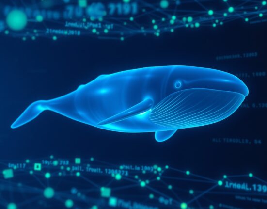A digital whale swimming through a blockchain network, representing a large cryptocurrency transaction.