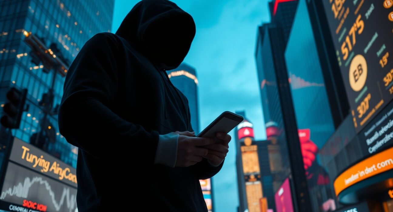Anonymous figure in hoodie looking at a smartphone with a crypto transaction screen, set against a futuristic city skyline.