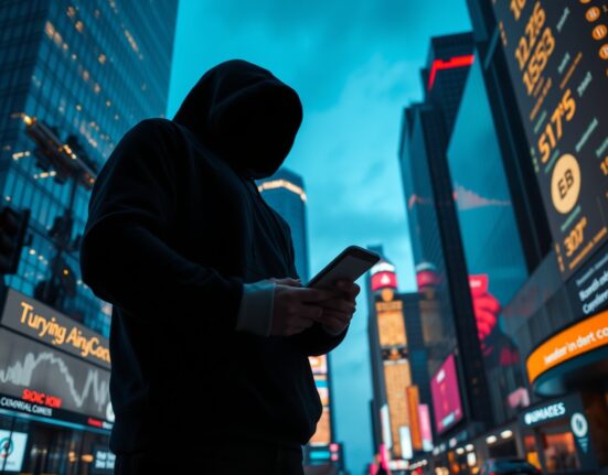 Anonymous figure in hoodie looking at a smartphone with a crypto transaction screen, set against a futuristic city skyline.