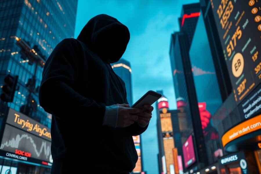 Anonymous figure in hoodie looking at a smartphone with a crypto transaction screen, set against a futuristic city skyline.