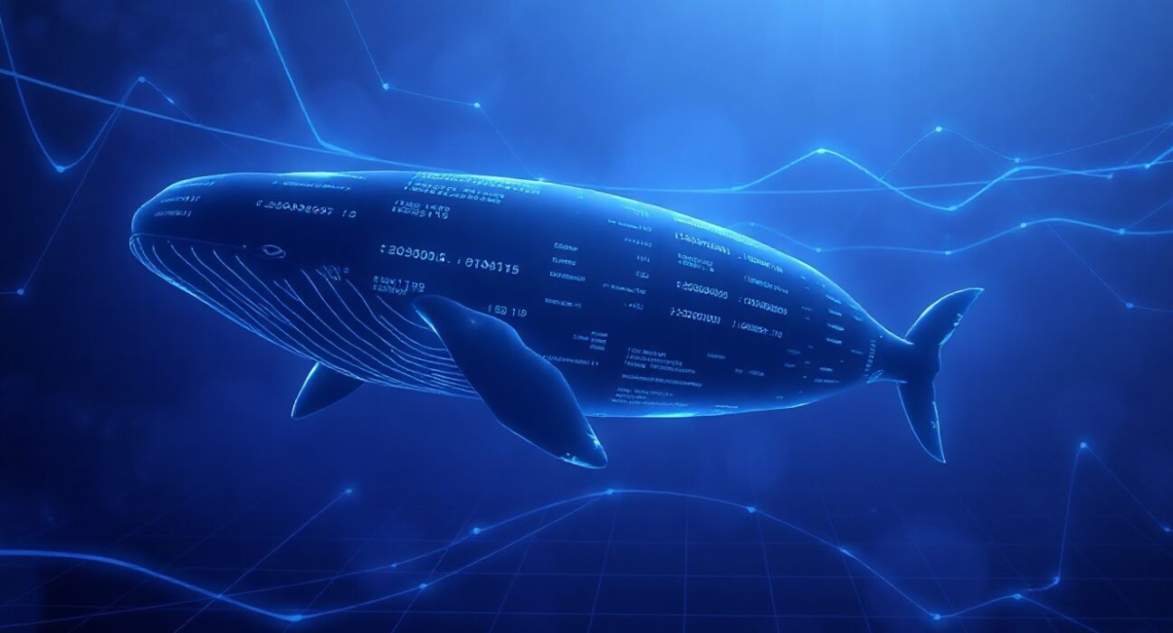 A digital whale composed of Ethereum blockchain data swimming through a dark digital ocean.