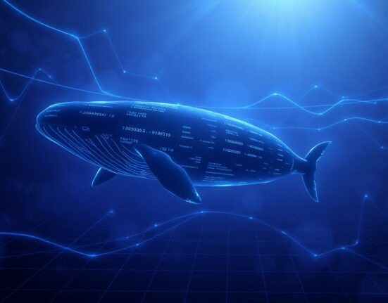 A digital whale composed of Ethereum blockchain data swimming through a dark digital ocean.